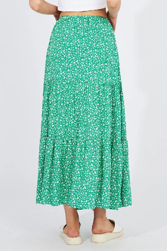 Green Ditsy Maxi Skirt High Rise