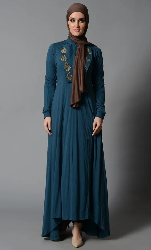 High -Low Cotton Jersey Abaya with Embroidery & Flap Details