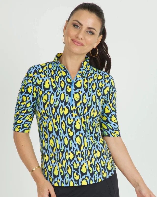 IBKUL Gemma Print Ruched Elbow Length Sleeve Top-Periwinkle