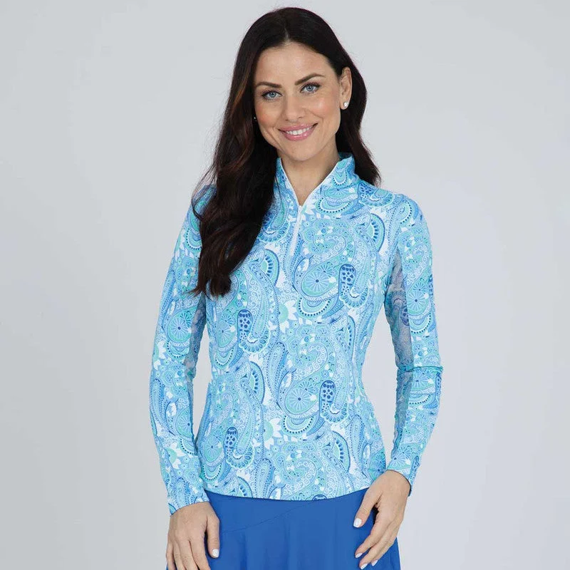 IBKUL Gloria Print Long Sleeve Mock Neck Sun Protection Shirt-Periwinkle/Jade Print