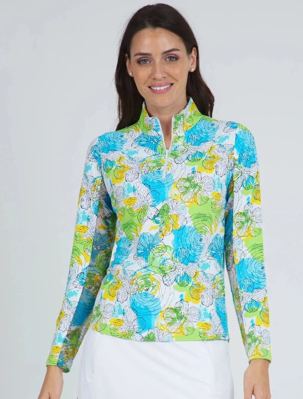 IBKUL Paddy Print Long Sleeve Mock Neck Shirt-Lime, Turquoise, Yellow