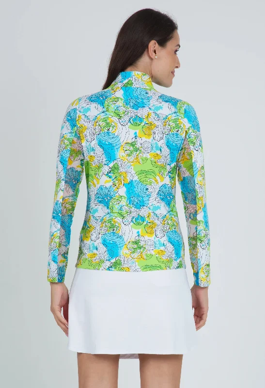 IBKUL Paddy Print Long Sleeve Mock Neck Shirt-Lime, Turquoise, Yellow