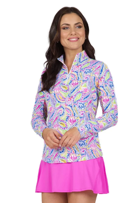 IBKUL Massie Paisley Print Long Sleeve Mock Neck Sun Protection Shirt-Hot pink/yellow