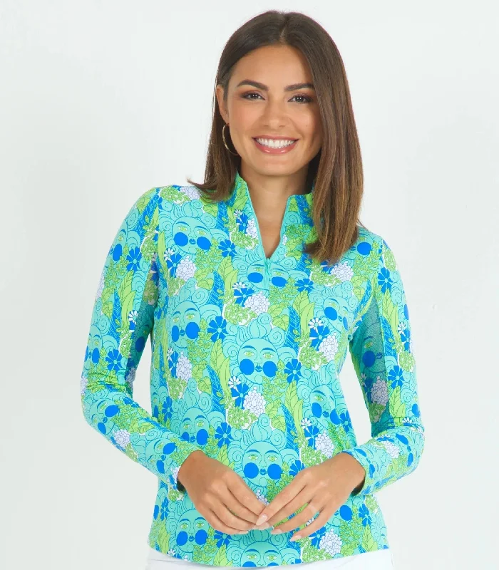 IBKUL Nadia Print Long Sleeve Mock Neck Shirt-Jade/Lime