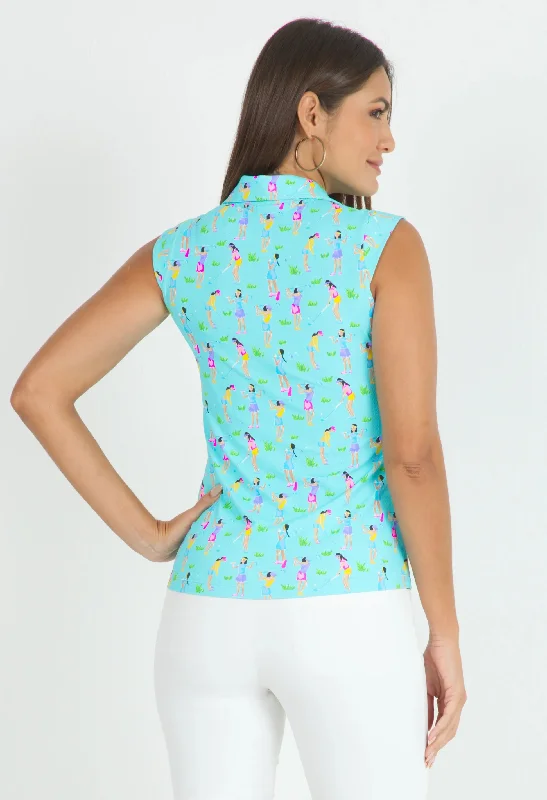 IBKUL Women's Girls Golf Print Sleeveless Golf Sun Shirt-Seafoam