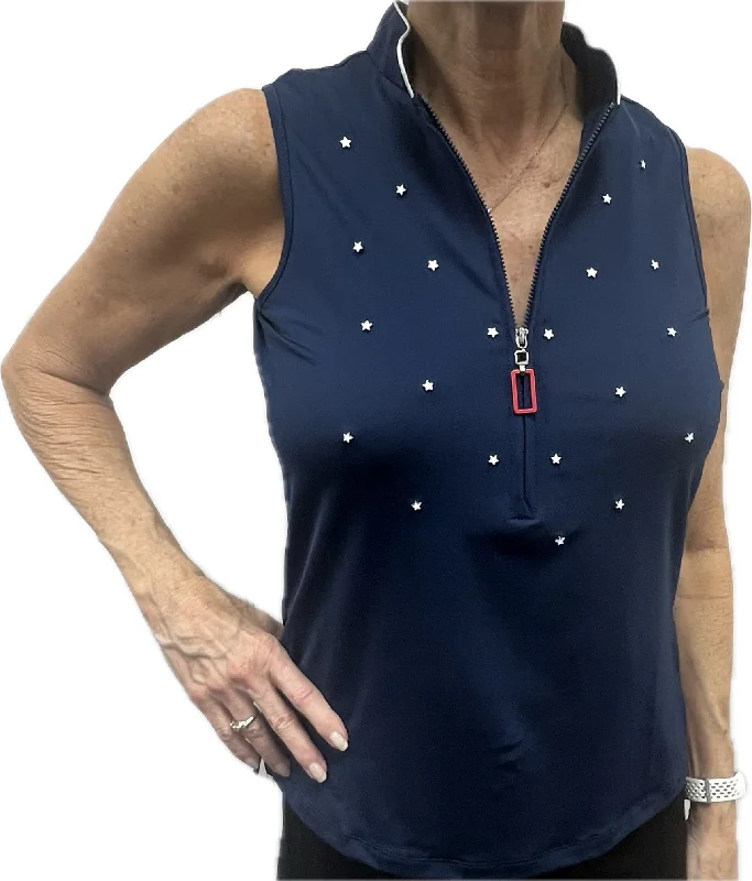 Jamie Sadock Spirit Basic Collection: Women's Sleeveless Shirt-Navy with Studded Stars