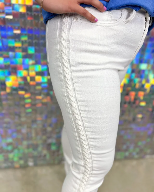 Judy Blue Take Me Out To The Ballgame Mid Rise Relaxed Braided Jeans - White