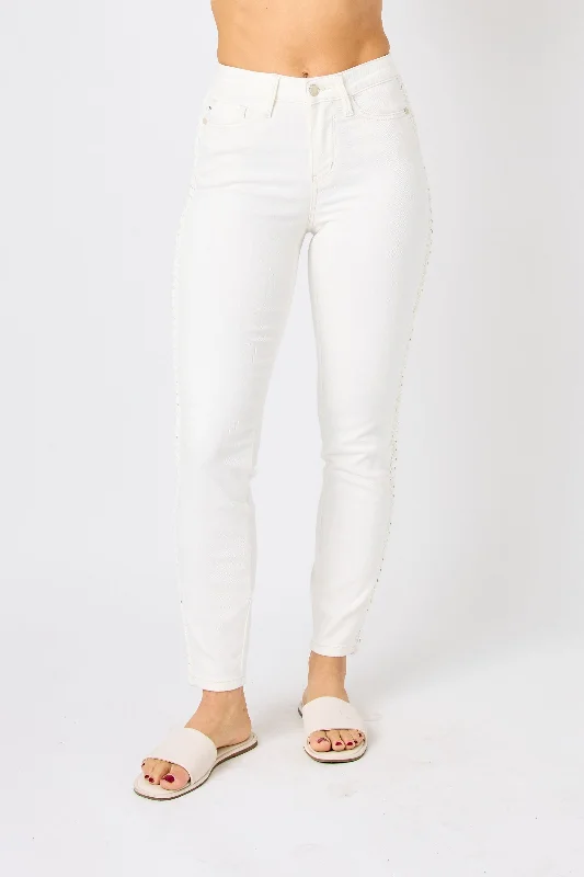 Judy Blue Take Me Out To The Ballgame Mid Rise Relaxed Braided Jeans - White