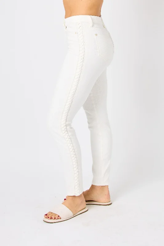 Judy Blue Take Me Out To The Ballgame Mid Rise Relaxed Braided Jeans - White