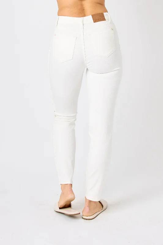 Judy Blue Take Me Out To The Ballgame Mid Rise Relaxed Braided Jeans - White