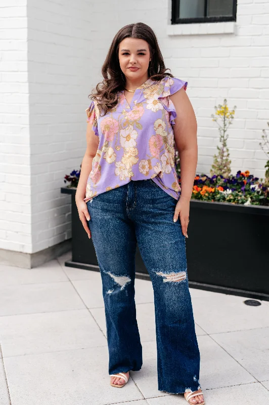 Elizabeth Flutter Sleeve Top -  Lavender French Floral