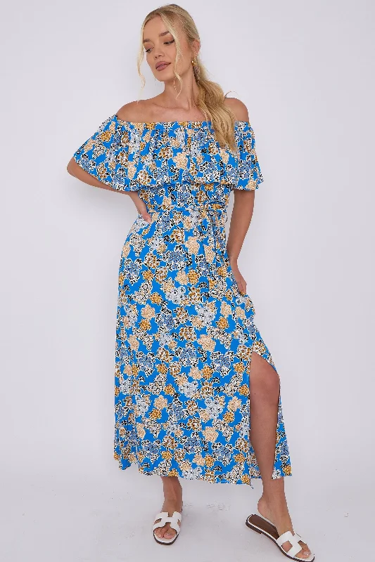 LOVE SUNSHINE Blue Floral Print Bardot Maxi Dress