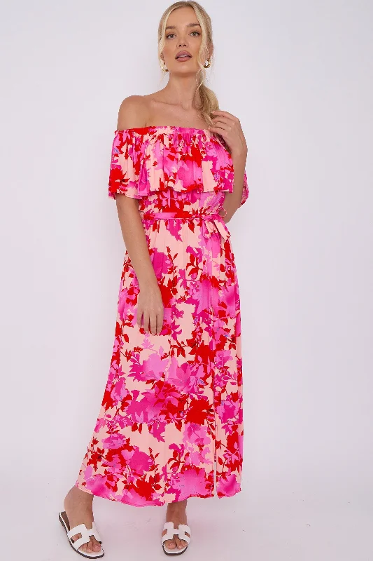 LOVE SUNSHINE Fuchsia Floral Print Bardot Maxi Dress