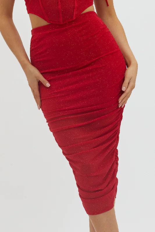 Maddisan Ruched Glitter Mesh Midi Skirt Red