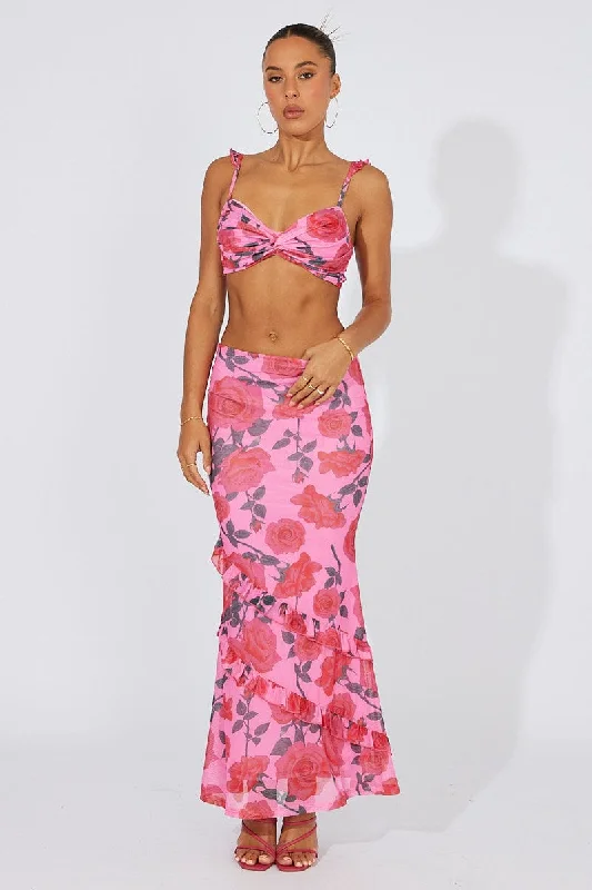 Multi Floral Maxi Skirt Mesh Asymmetric Ruffle