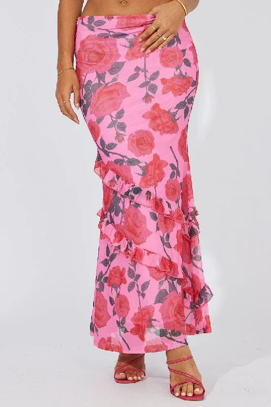 Multi Floral Maxi Skirt Mesh Asymmetric Ruffle