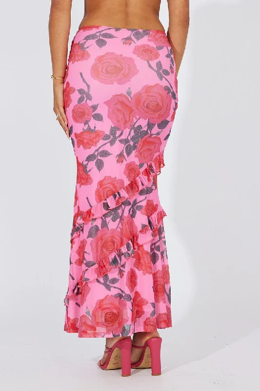 Multi Floral Maxi Skirt Mesh Asymmetric Ruffle