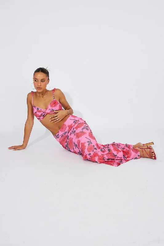 Multi Floral Maxi Skirt Mesh Asymmetric Ruffle