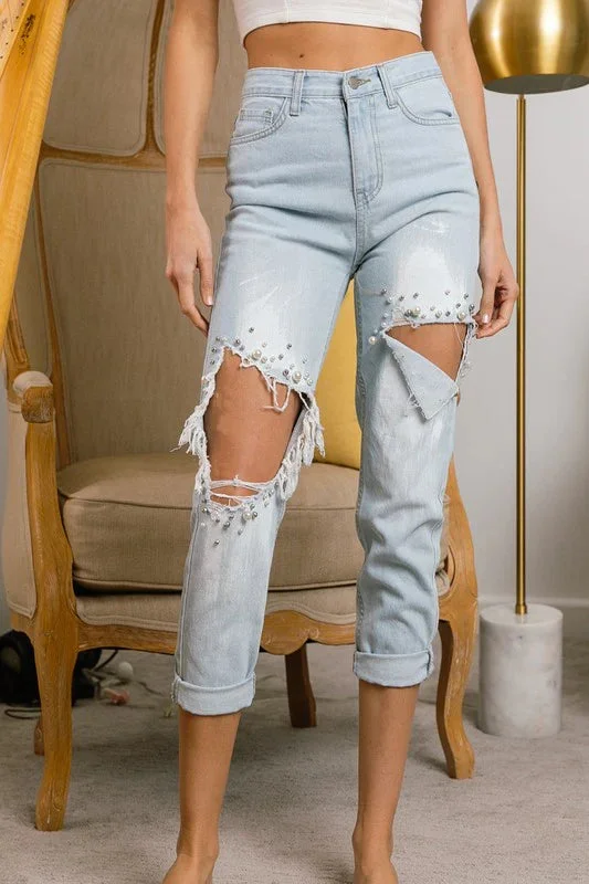 Pearl Beaded Blue Denim Jeans