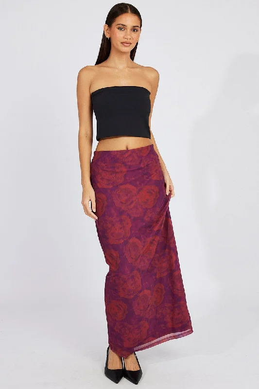 Red Floral Maxi Skirt High Rise Mesh