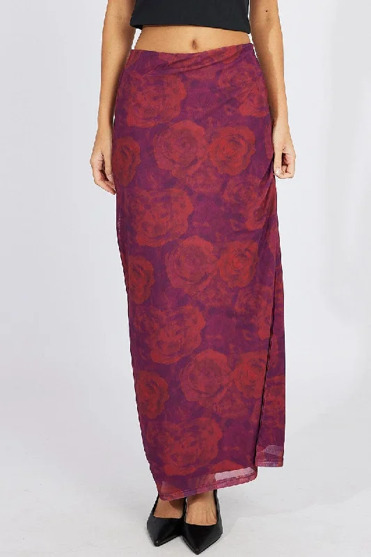 Red Floral Maxi Skirt High Rise Mesh