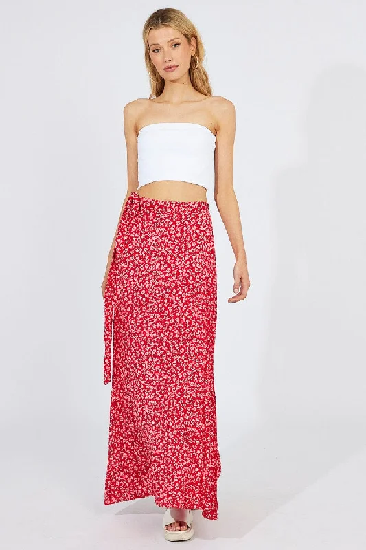 Red Floral Maxi Skirt High Rise Wrap