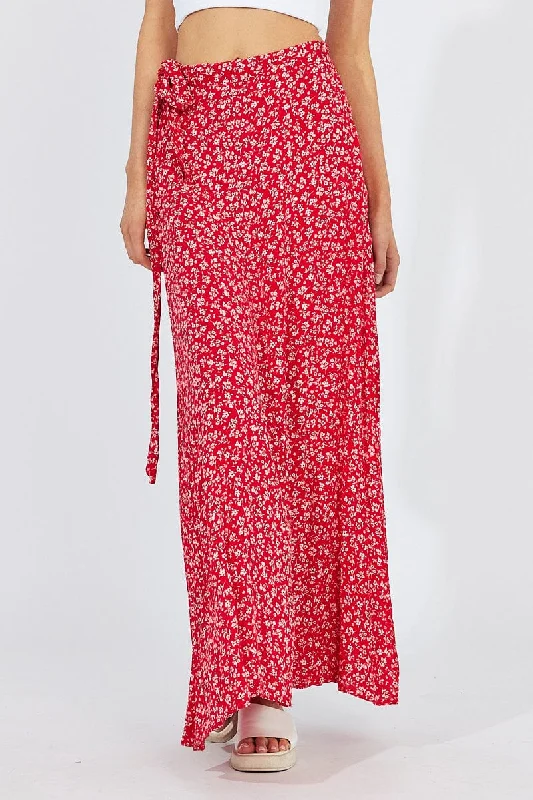 Red Floral Maxi Skirt High Rise Wrap