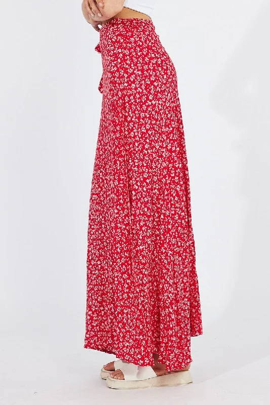 Red Floral Maxi Skirt High Rise Wrap