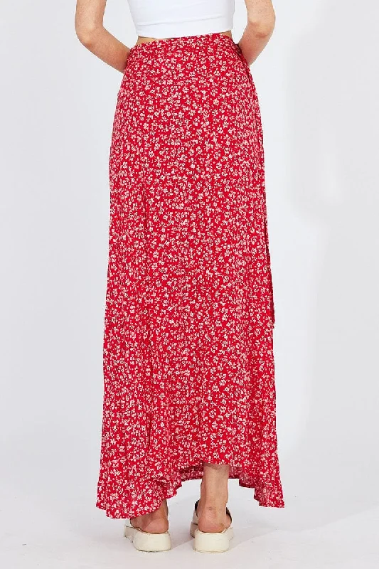 Red Floral Maxi Skirt High Rise Wrap