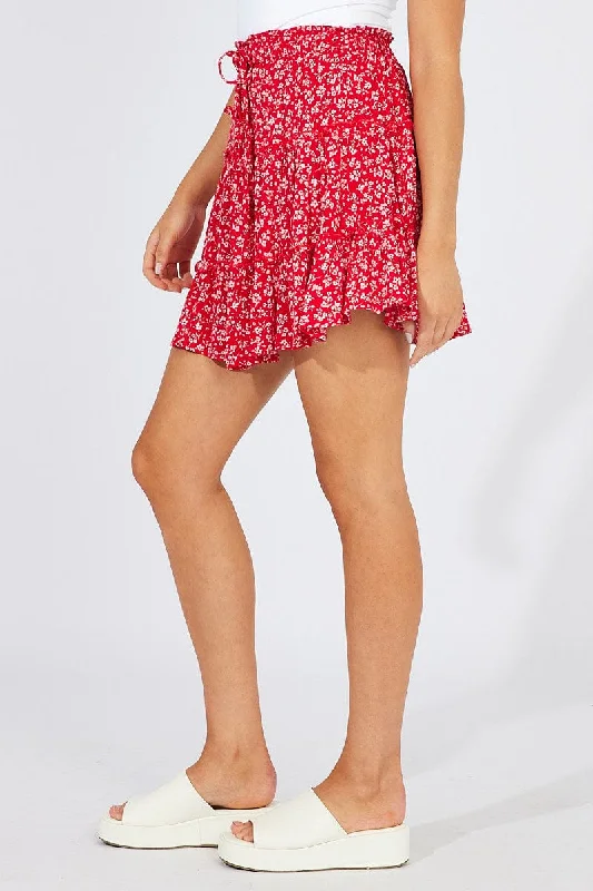 Red Floral Skater Skirt Elastic Waist Mini