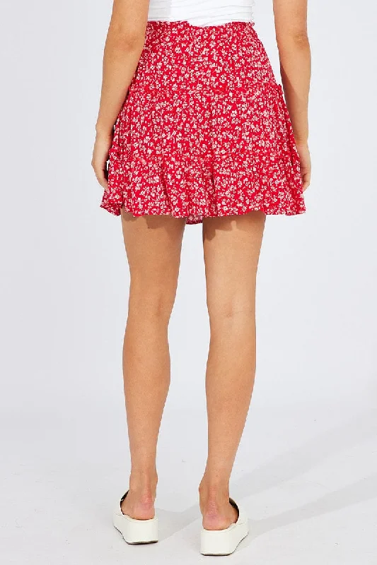 Red Floral Skater Skirt Elastic Waist Mini