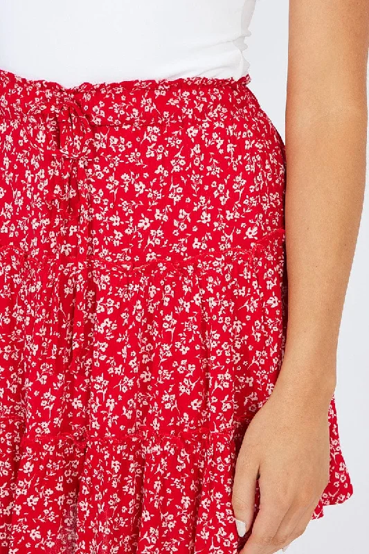 Red Floral Skater Skirt Elastic Waist Mini