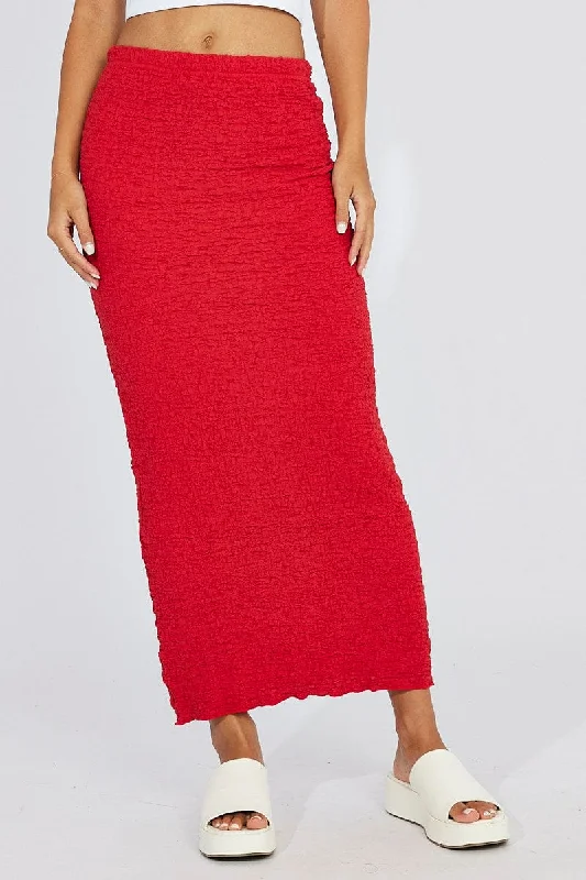 Red Maxi Skirt Slim Fit Textured Jersey