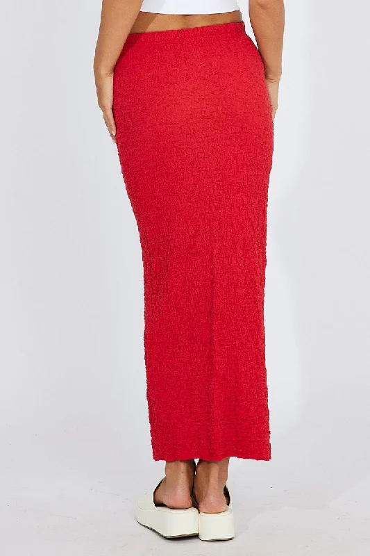 Red Maxi Skirt Slim Fit Textured Jersey