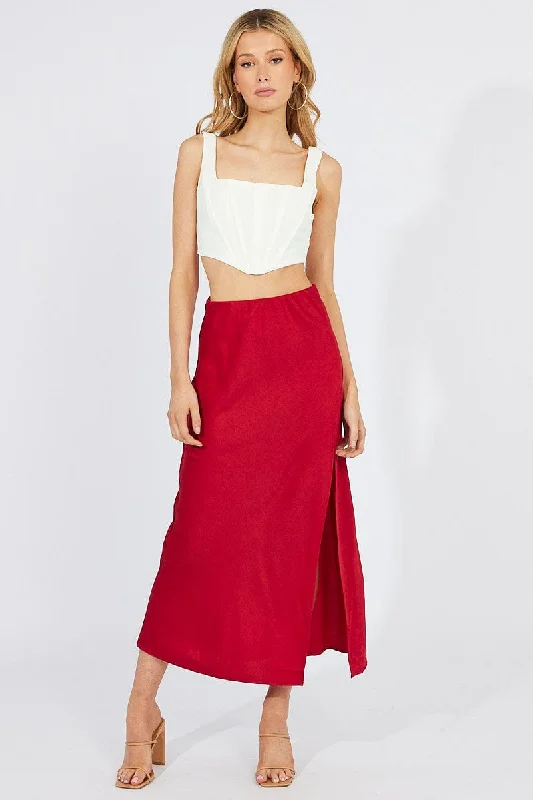 Red Slip Skirt Front Split Satin