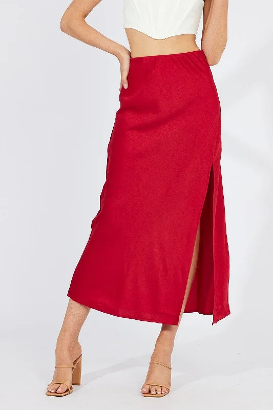 Red Slip Skirt Front Split Satin