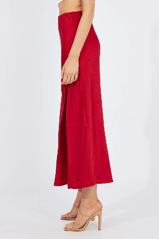 Red Slip Skirt Front Split Satin