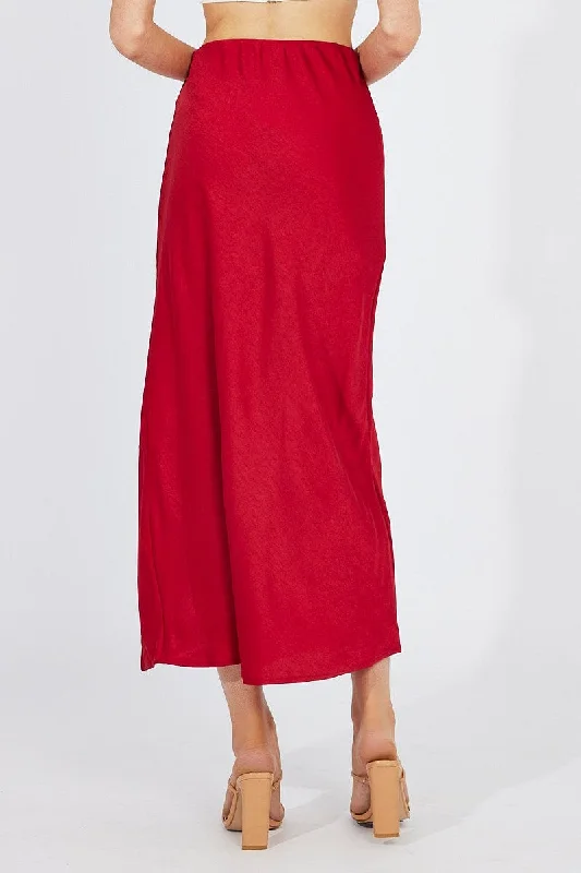 Red Slip Skirt Front Split Satin