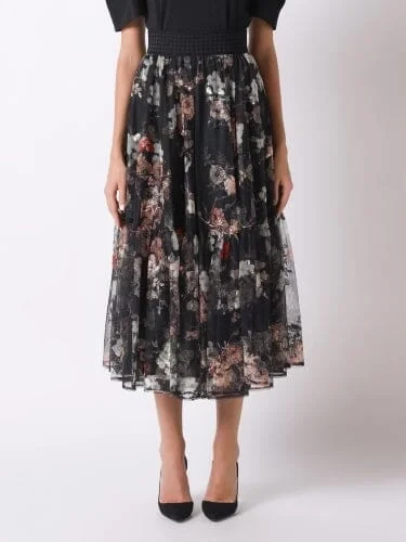 Sheer Flower-Print Embroidery Flare Banding Skirt