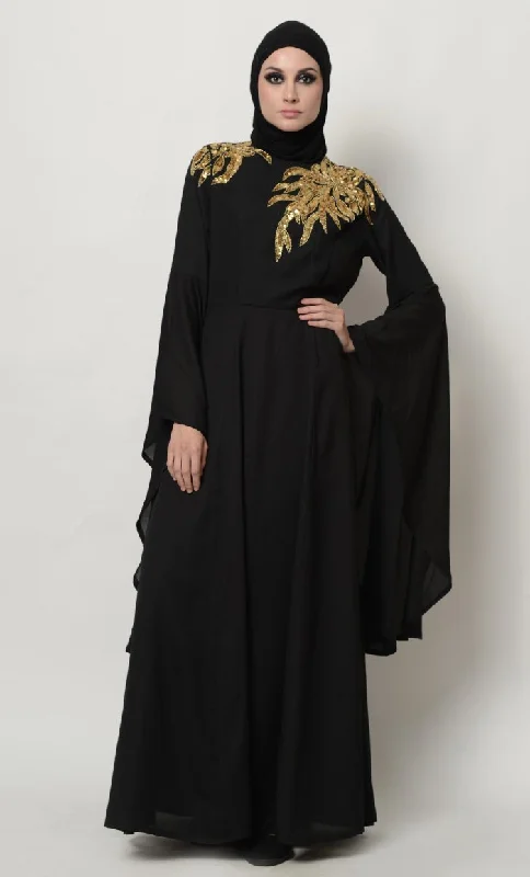 Sequins And Beads Embellished Trumpet Sleeves Abaya Dress