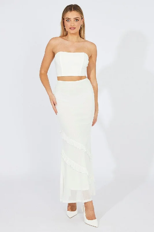 White Maxi Skirt Mesh Asymmetric Ruffle