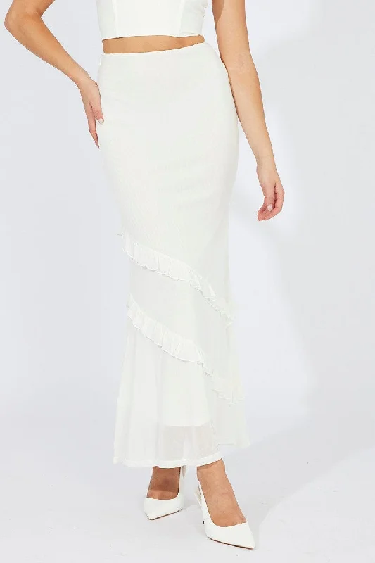 White Maxi Skirt Mesh Asymmetric Ruffle