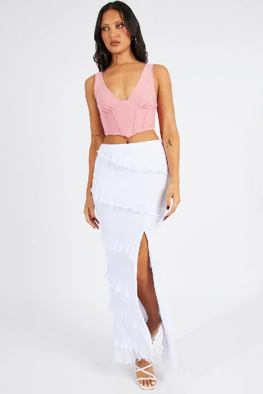 White Maxi Skirt Mesh Frilled Mesh