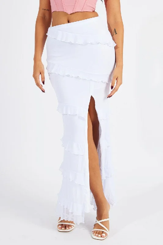 White Maxi Skirt Mesh Frilled Mesh