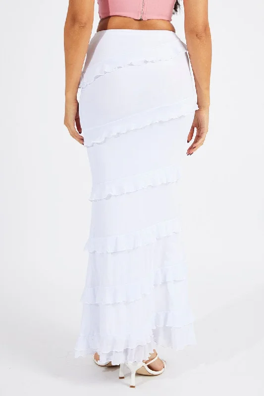 White Maxi Skirt Mesh Frilled Mesh