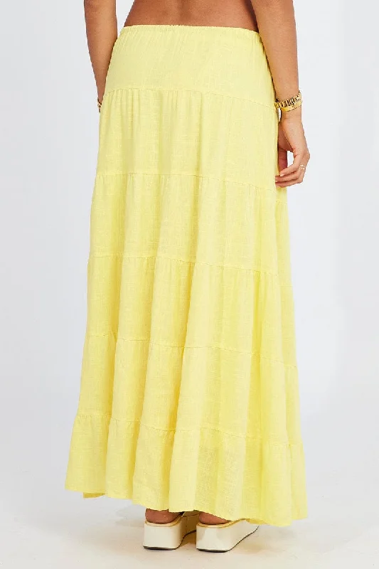 Yellow Maxi Skirt Tiered High Rise Linen Blend