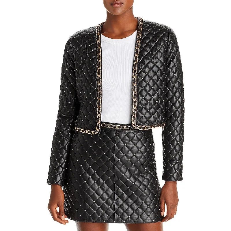 Alice and Olivia Womens Zeta Vegan Leather Cropped Quilted Coat