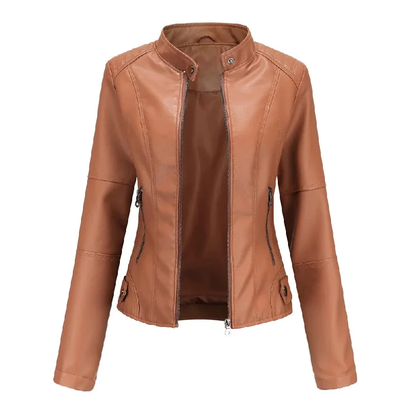 FZ Women's Long Sleeve Faux Leather Vintage Chic Turtleneck Jacket