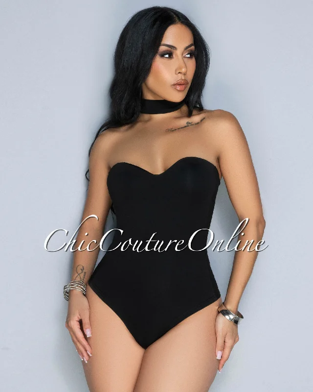 Lolana Black Mock Neckline Bustier Bodysuit