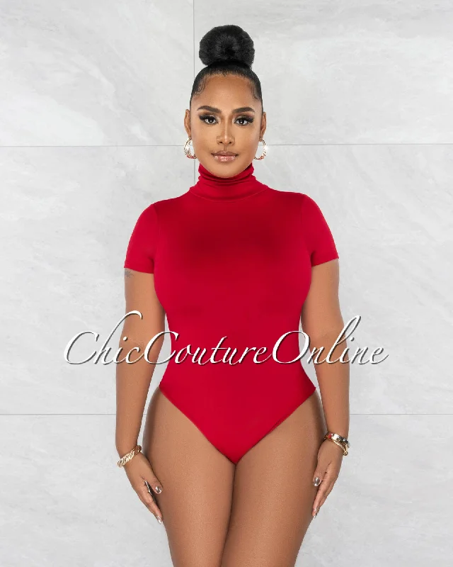 Merlyse Red Mock Neckline Short Sleeves Bodysuit